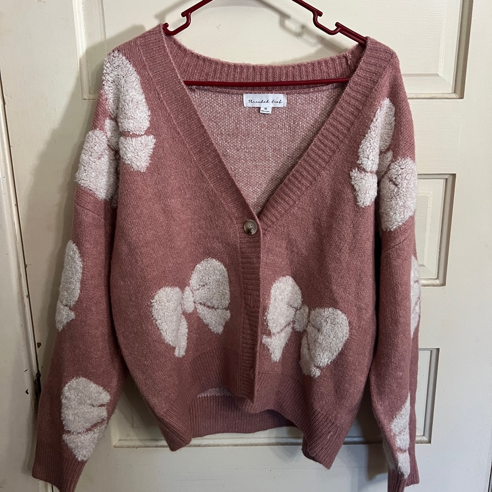 Women's Pink Cardigan Sweater with White Bow Accents